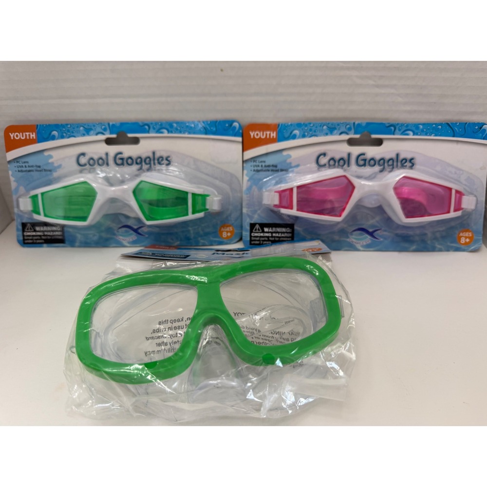 Swimgear Youth Cool Goggles and Child‎ Swim Mask Set 3 Pack Green Pink White